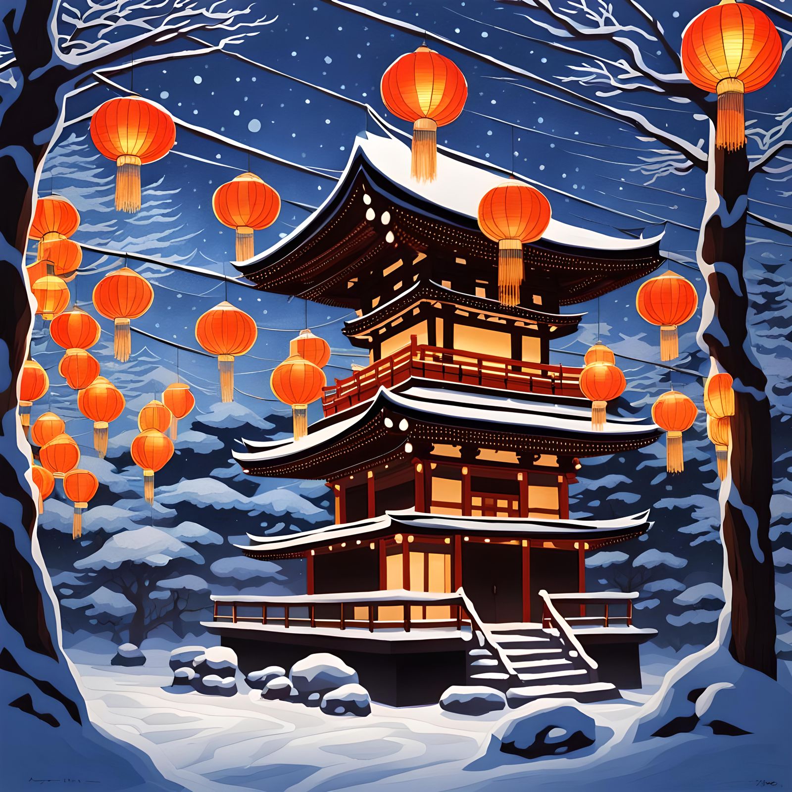 Kyoto Temple in Winter: Klimt-Inspired Gouache Painting