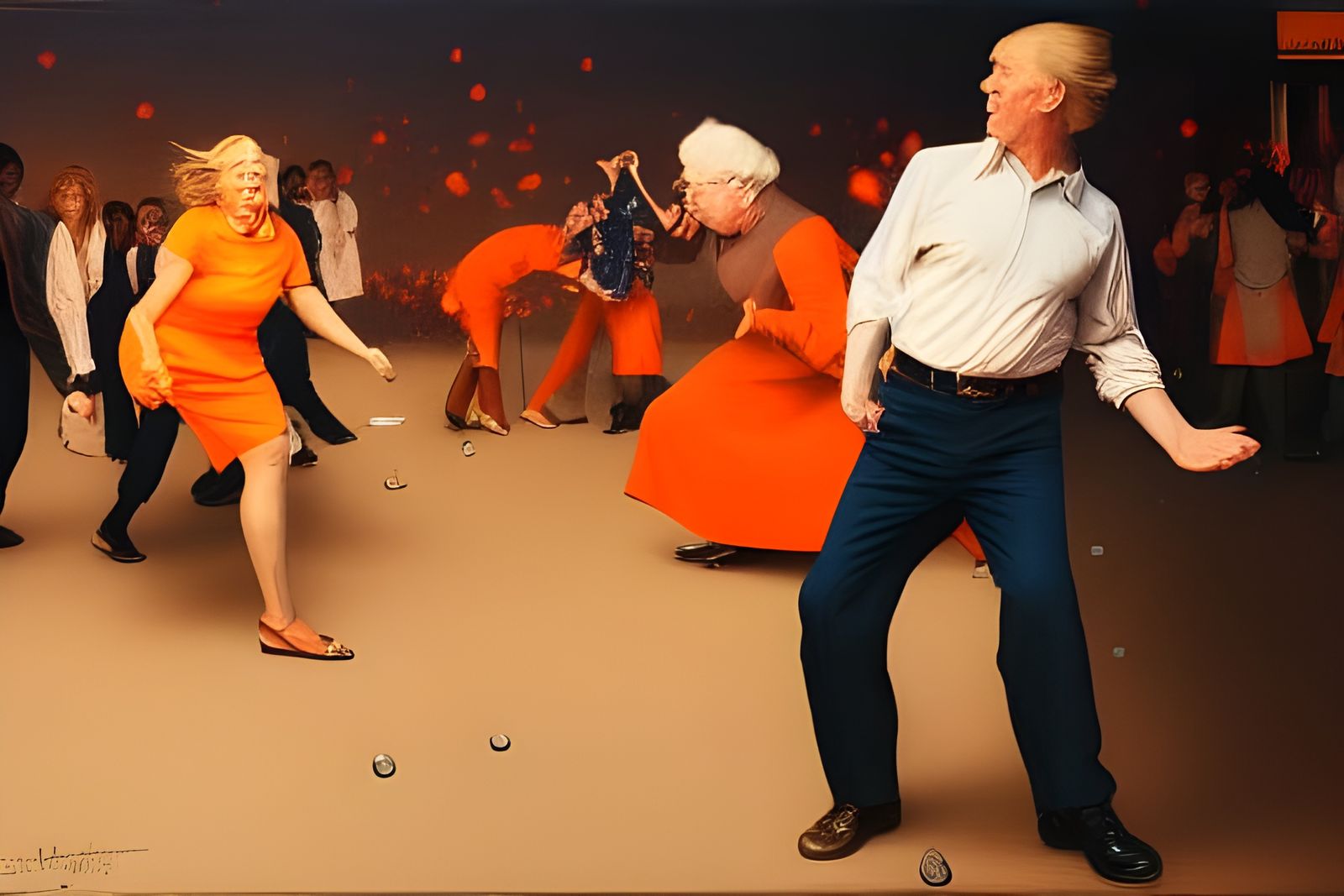 Women Throwing Stones at Orange Con Man: Hyperrealistic