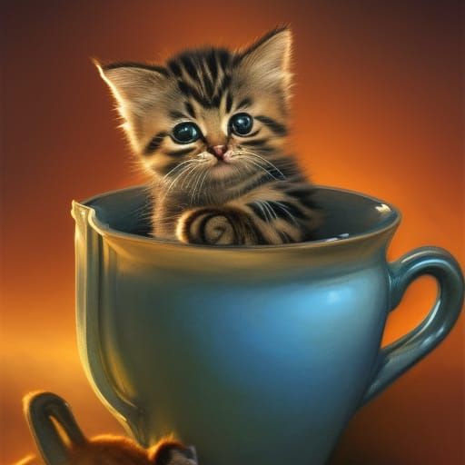 Kitten Curled in Teacup: Detailed Matte Oil Painting