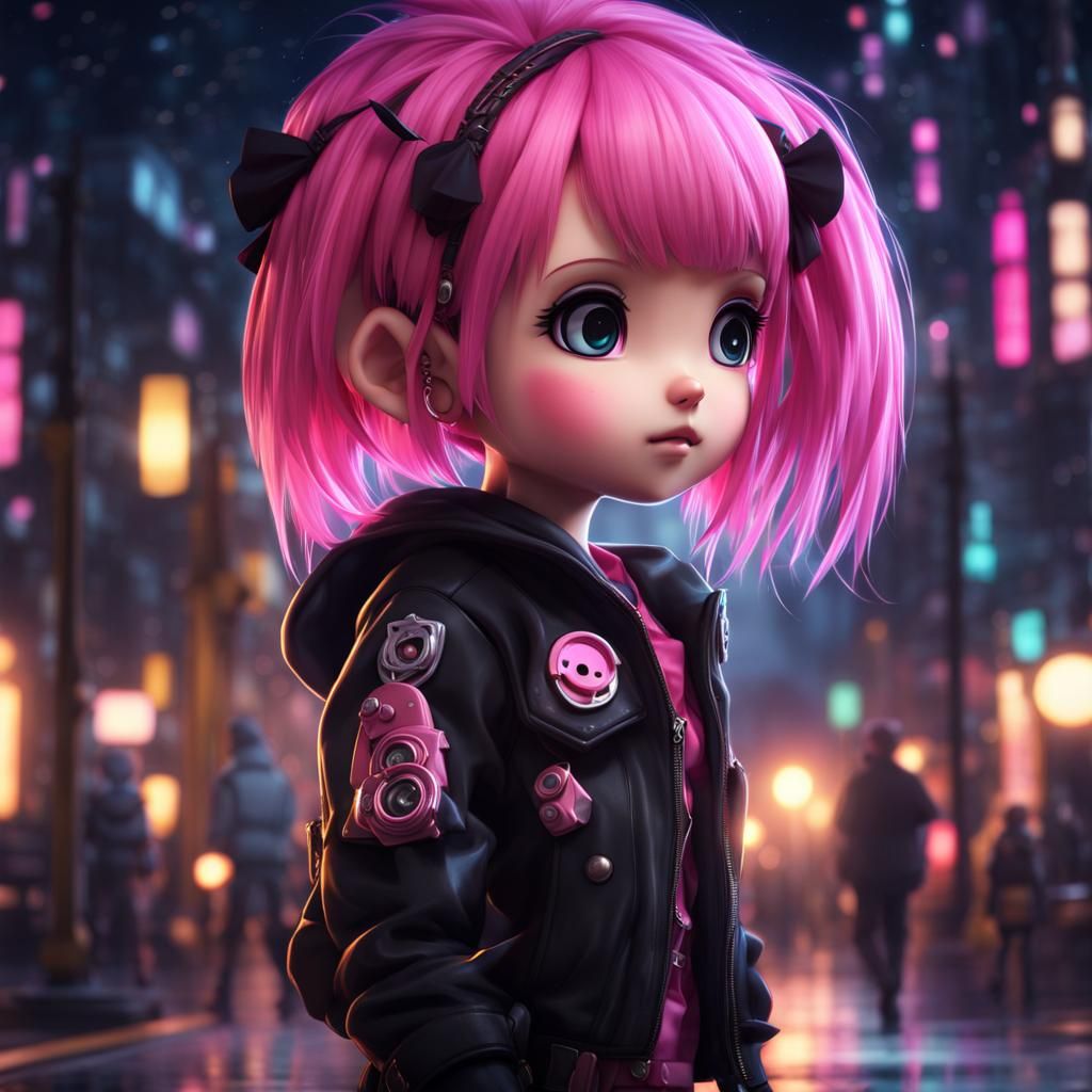 Anime Goth Punk Chibi Girl in Street at Night