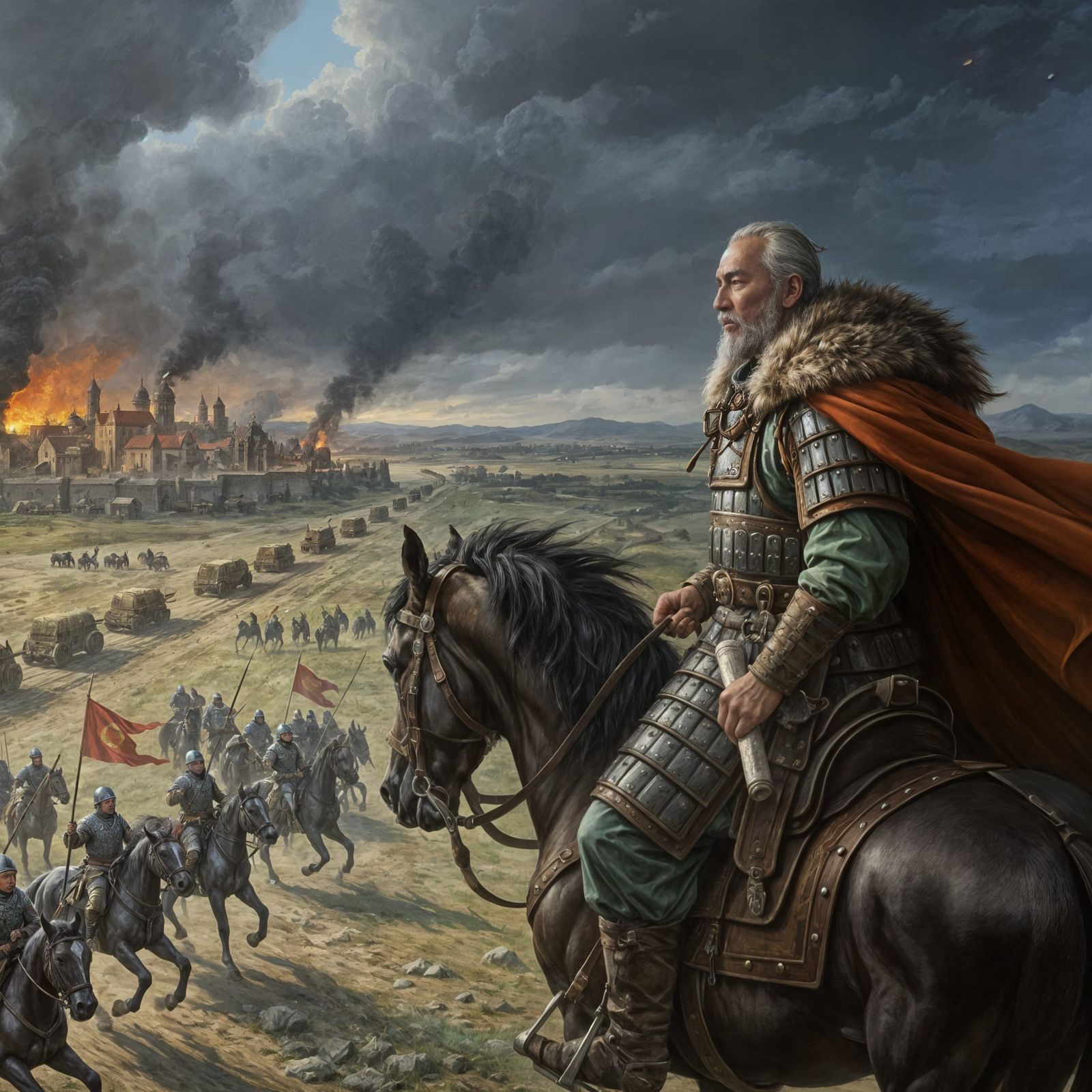Subutai Surveys Burning City in Epic Romantic Painting
