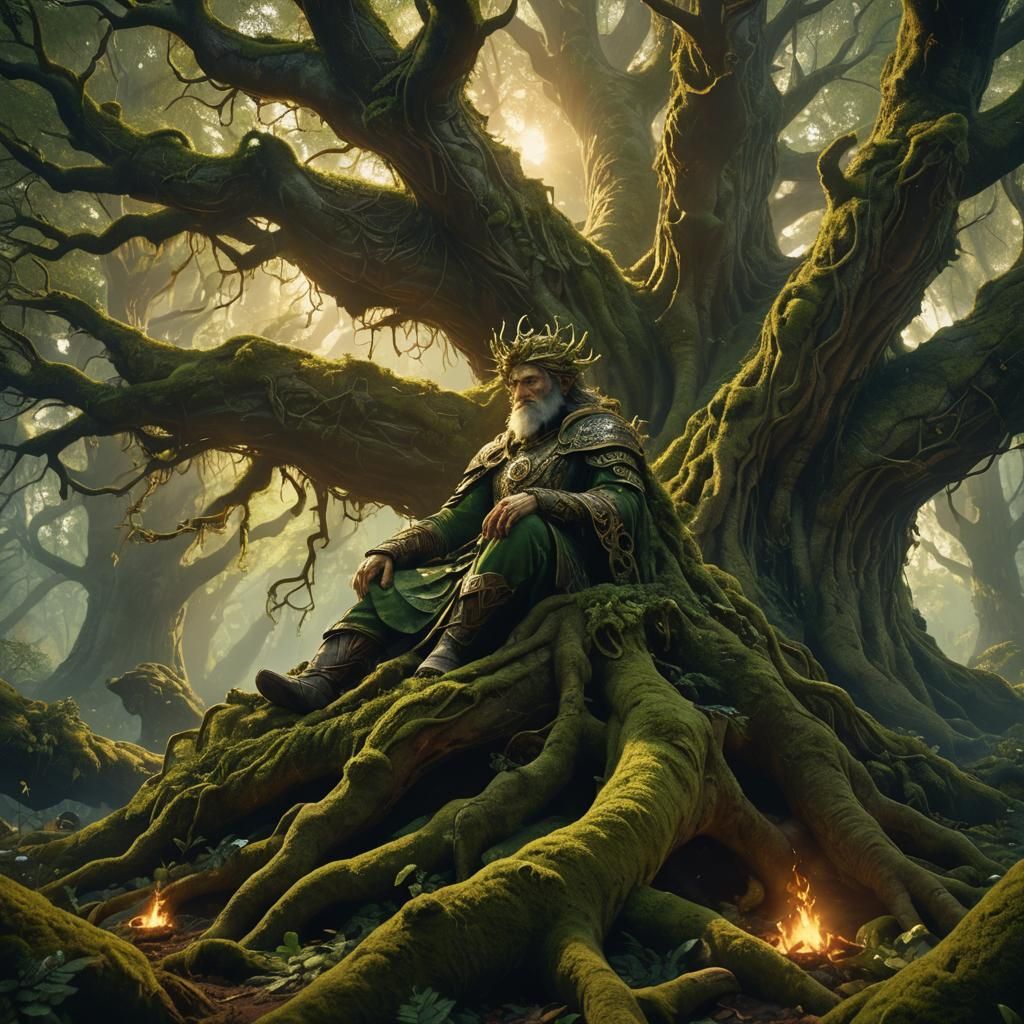 Forest Guardian Sleeps in Green Fire, Fantasy Art