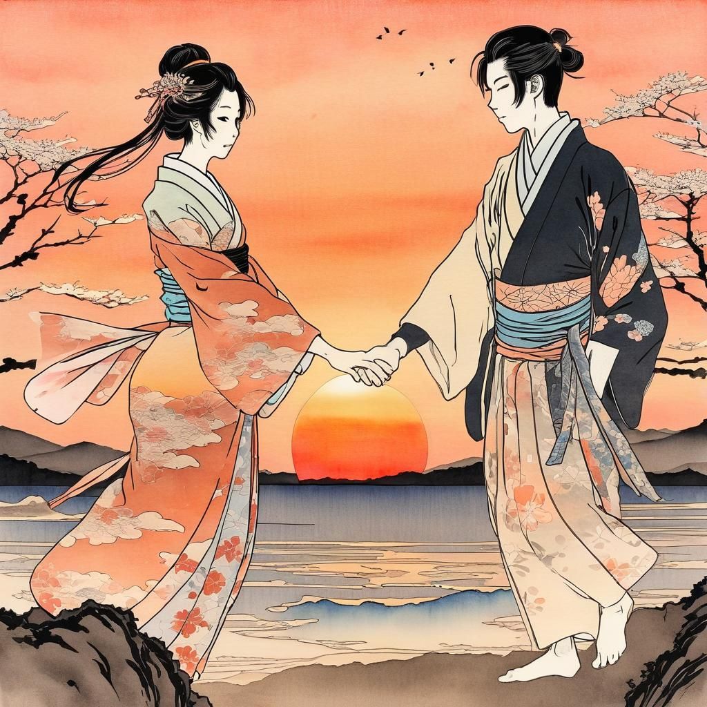 Ukiyo-e Style Couple at Sunset