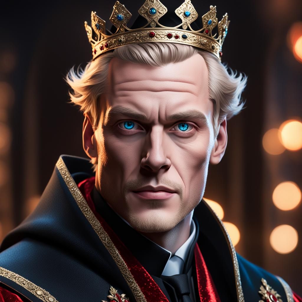 Towering Man in Black Suit and Crown Portrait