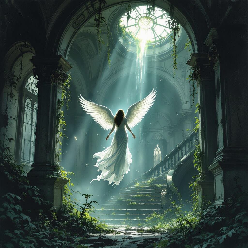 Ethereal Angel in Decaying Mansion, Gothic Horror Art
