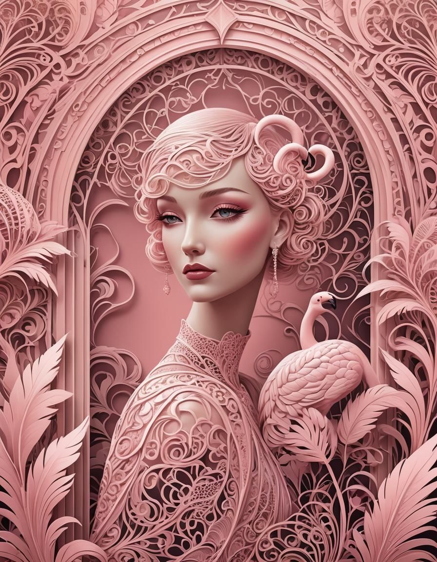 Art Deco Woman with Flamingo Feather Arch