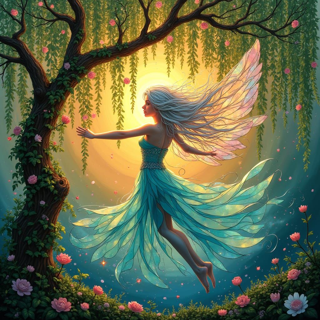 Whimsical Fantasy Girl in Stained Glass Mosaic with Weeping ...