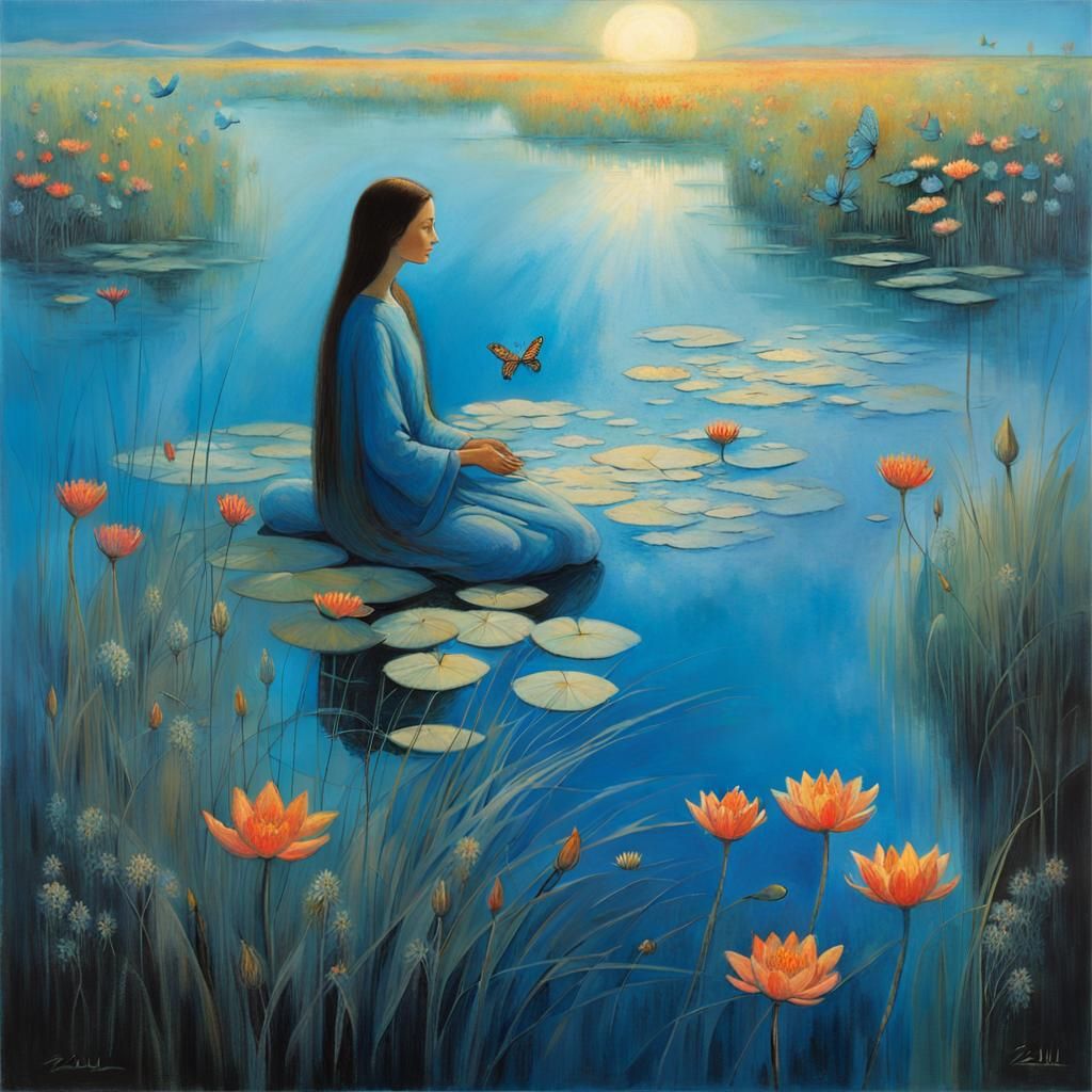 Woman in Dreamlike Landscape with Water Lilies