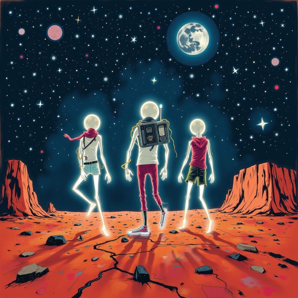 Dancing Aliens on Mars Landscape