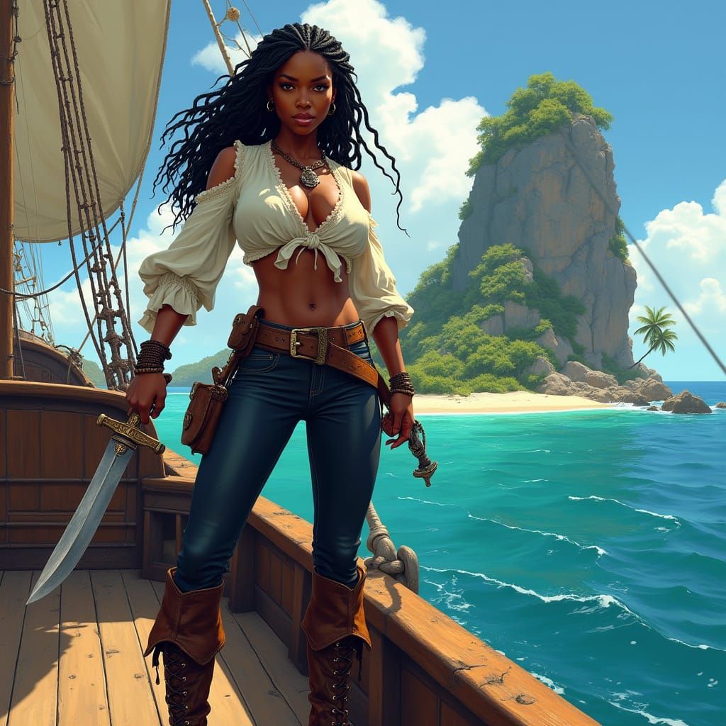 Heroic African Warrior Pirate in Tropical Paradise
