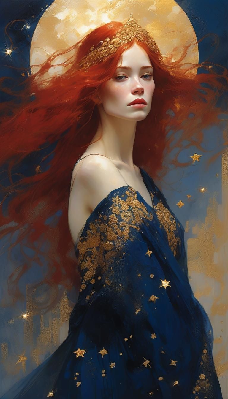 Enchanting Woman with Red Hair and Celestial Gown