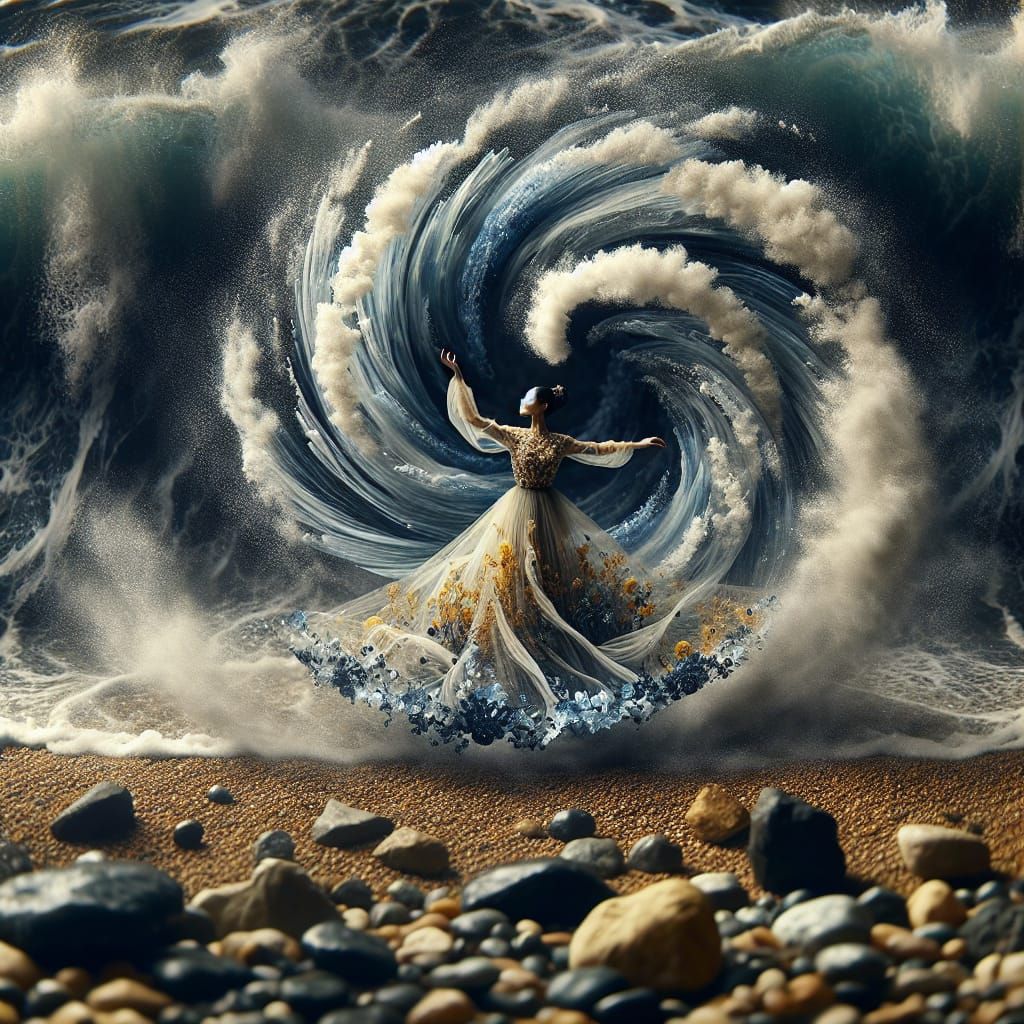 Ethereal Dancer: Fifth Element Goddess on Rocky Shore
