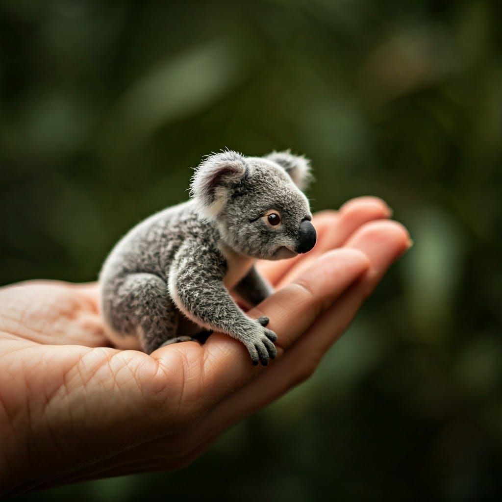 Miniature Koala on Human Hand: Hyperrealistic Detail