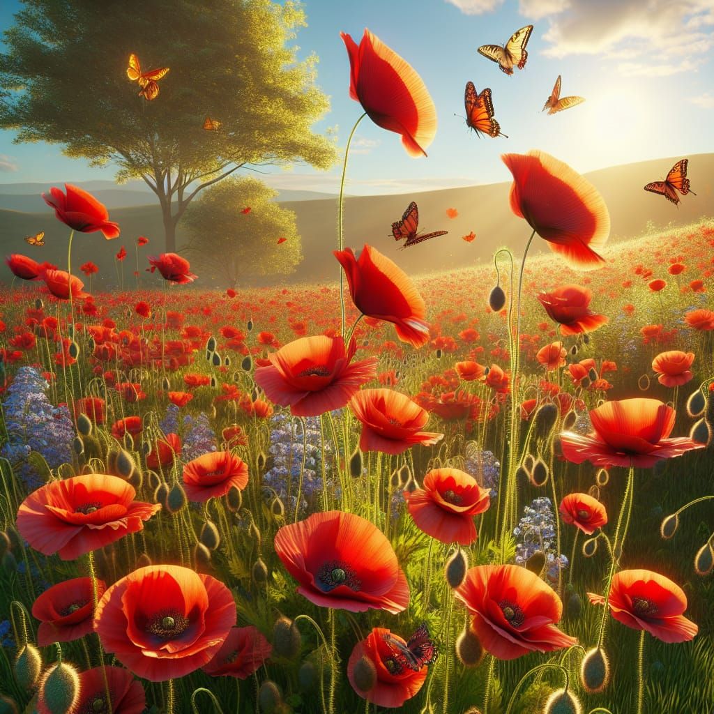 Crimson Poppies Dance in a Sunlit Meadow