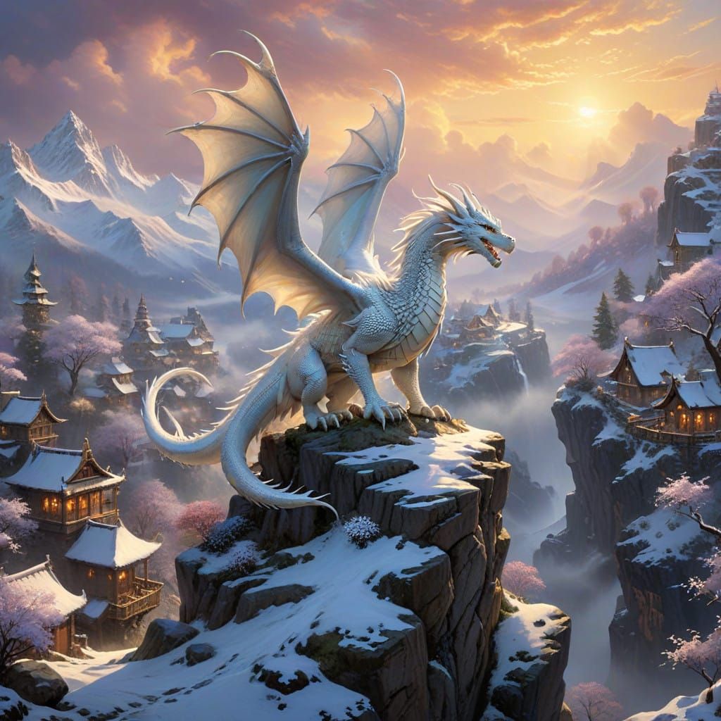 Regal White Dragon Perched Above Quaint Snow-Capped Village