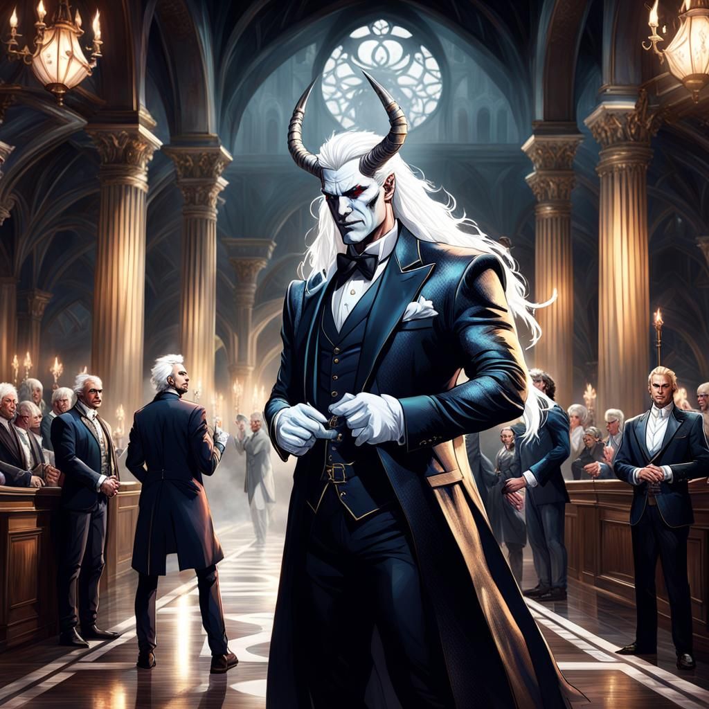 Aristocrat Mage with Demonic Horns in Fantasy Hall