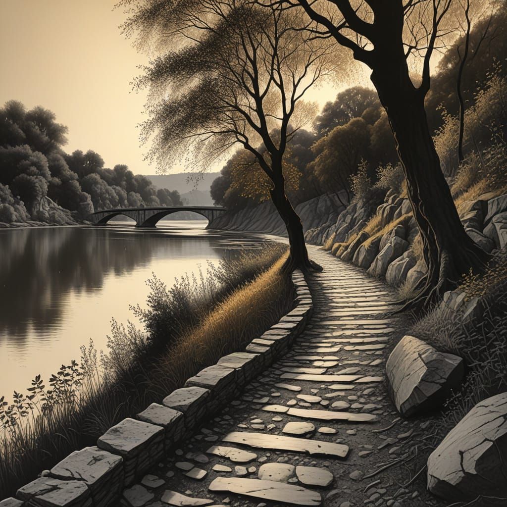 Lively Charcoal Drawing of Margaret Island in the Danube