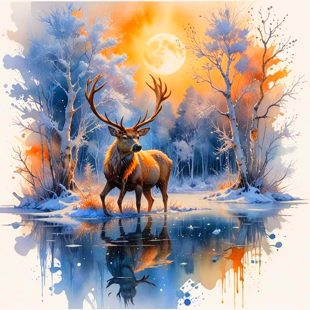Lone Stag on Frozen Lake Under Constellation Sky