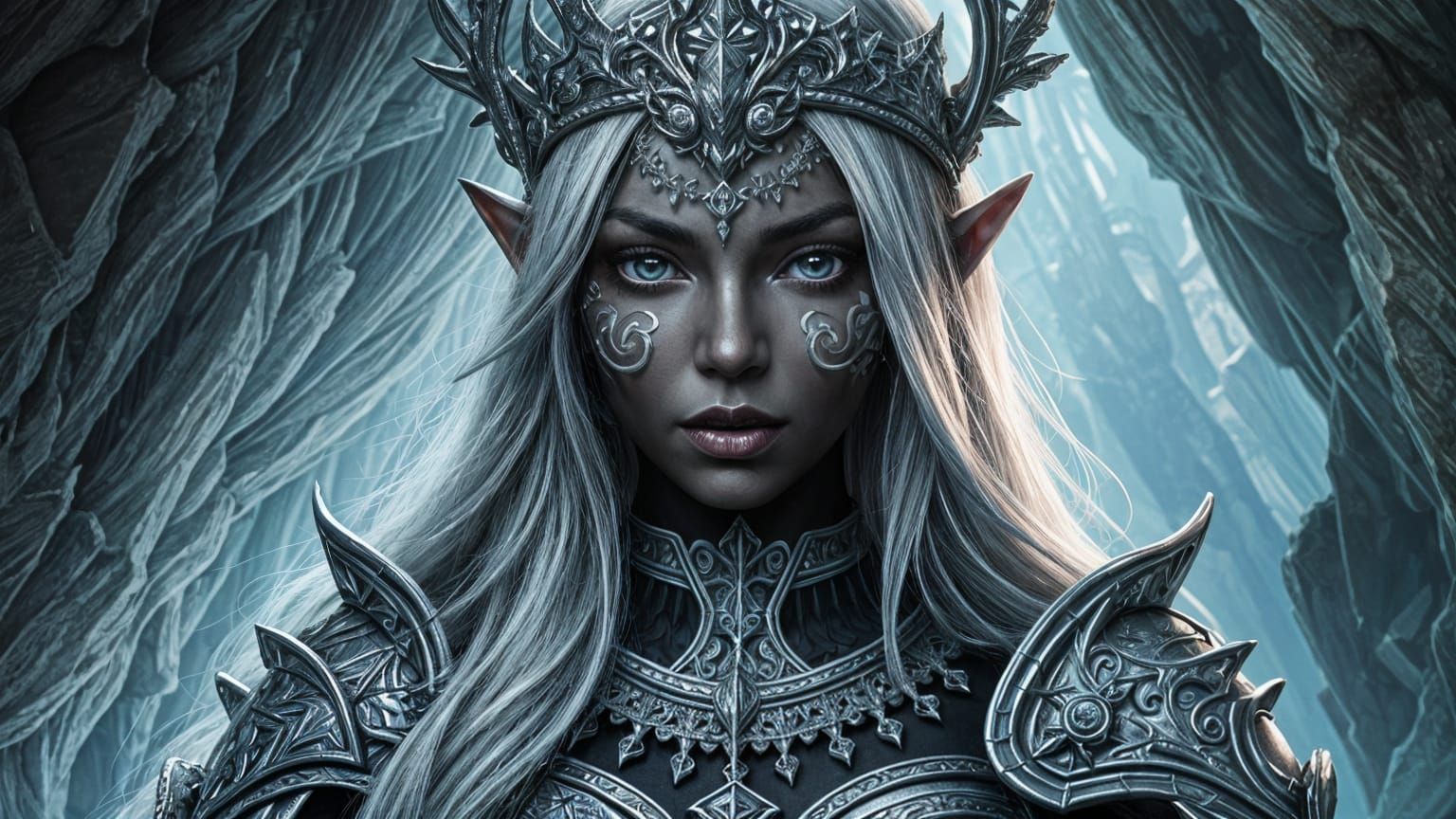 Dark Elf Woman in Crystal Cave: Gothic Fantasy Art