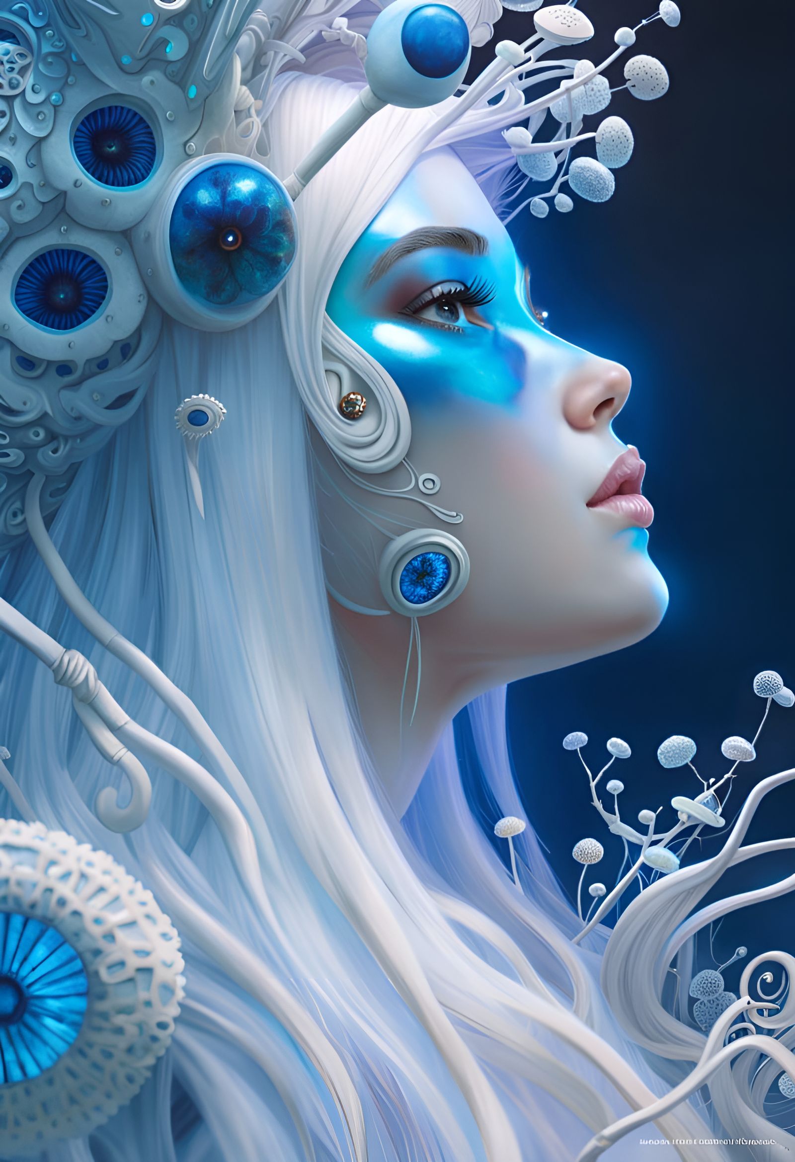 Blue Shroom Borg Girl: Hyperdetailed Sci-Fi Portrait