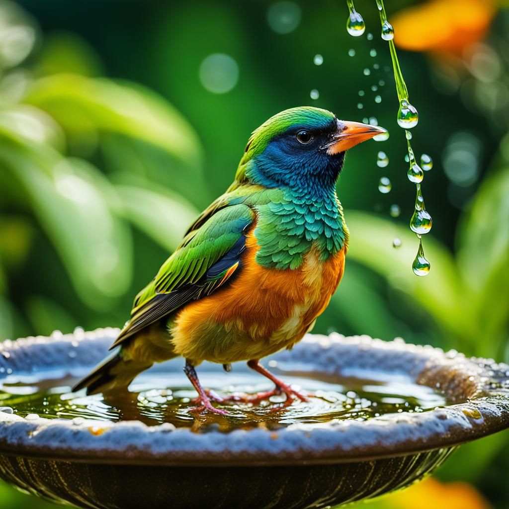 Bird Bathing in a Lush Garden: Macro Oil Painting