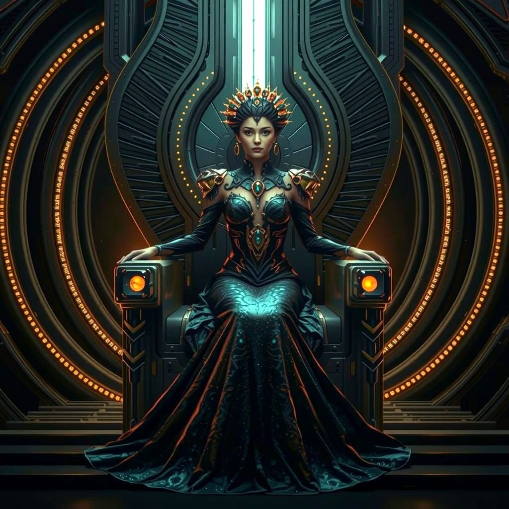 Cyborg Princess Reigns in Futuristic Throne Room