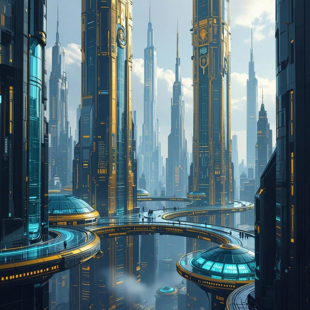 Futuristic Cityscape with Golden Towers in Cyberpunk Style