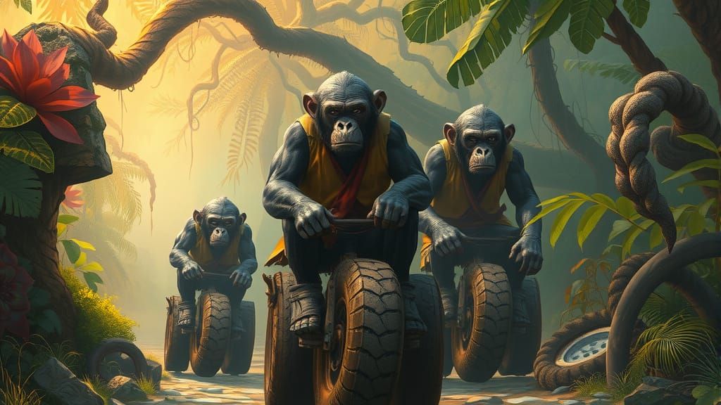 Apes Rolling Tires Through Jungle, Earthy Tones