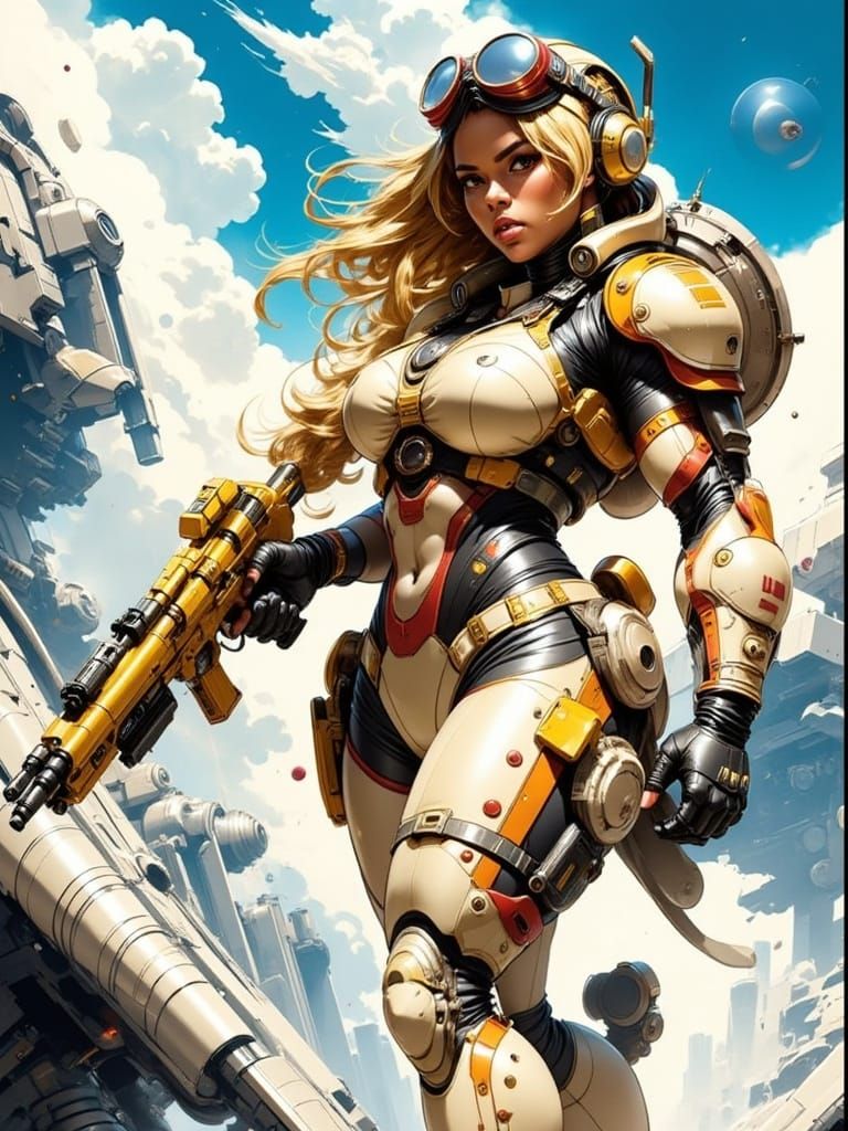 Futuristic Warrior Woman in Space Suit with Gun at the Ready