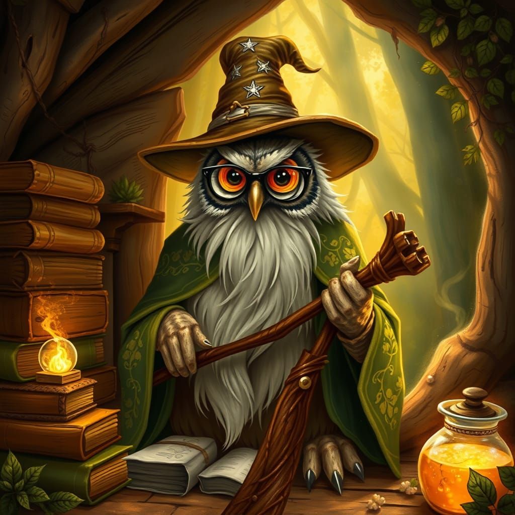 Whimsical Owl Wizard in Enchanted Forest Cottage