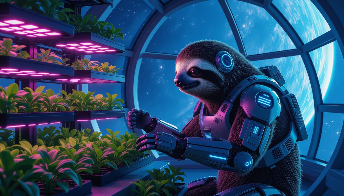 Cybernetic Sloth Tends Futuristic Hydroponic Farm