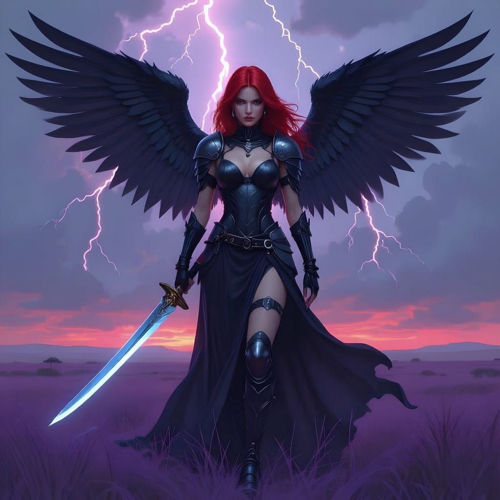Angel with Black Wings and Sword in Purple Savannah