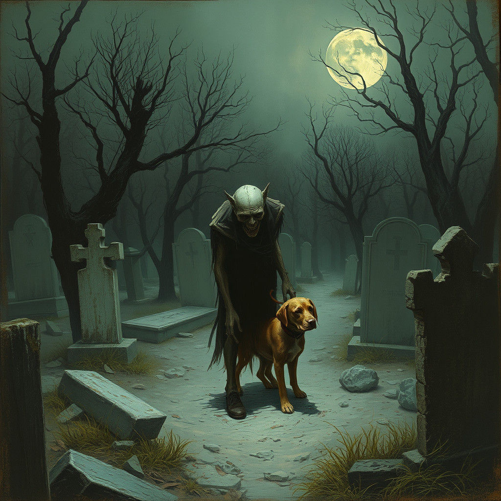 Zombie and Dog in Haunted Cemetery: Doré Style