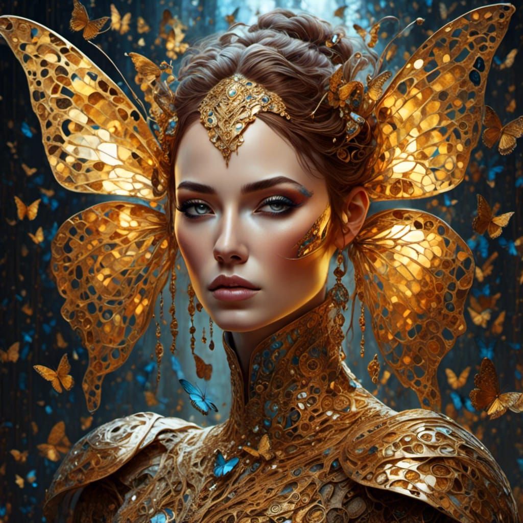 Cyborg Portrait with Butterfly Filigree in Digital Art