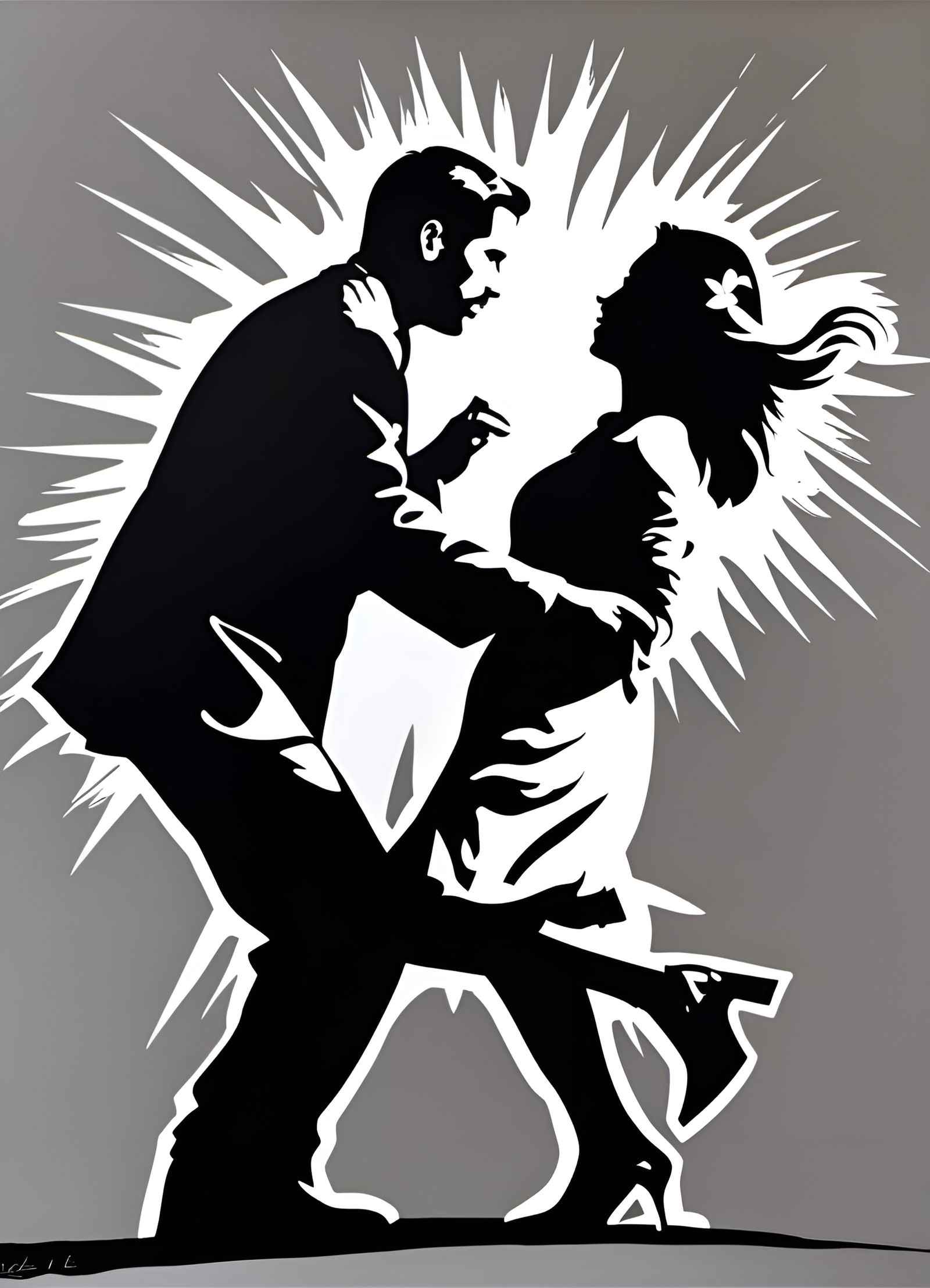 Emotional Couple's Portrait in Banksy Style