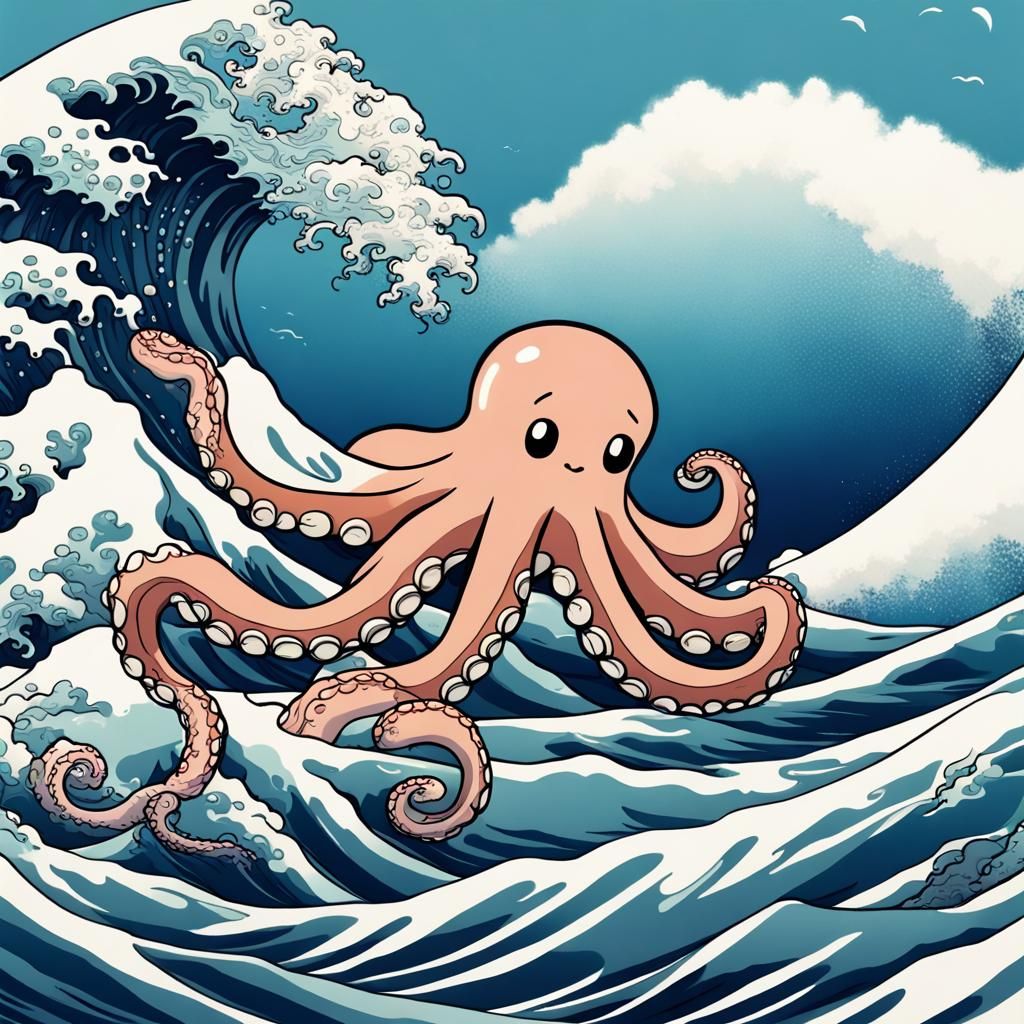 Happy Octopus Rides the Great Wave: Ghibli Style