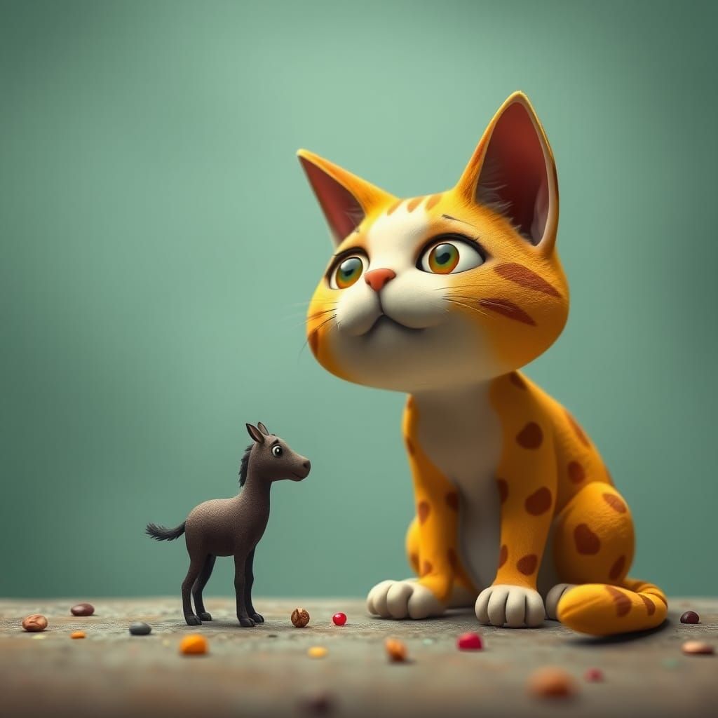 Surreal Cat Contemplates Dilemma: Miro and Aardman Style