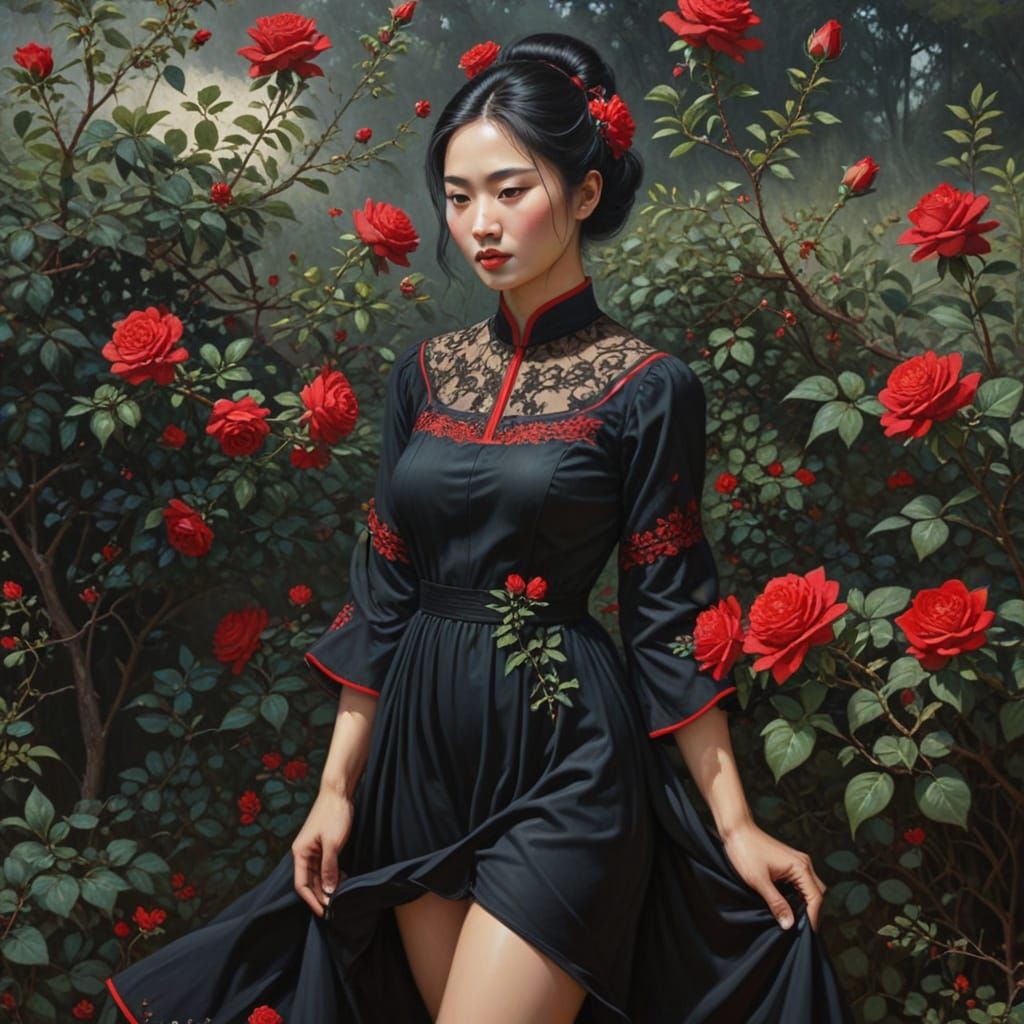 Classical Oil Painting of Woman with Rosebushes From Head