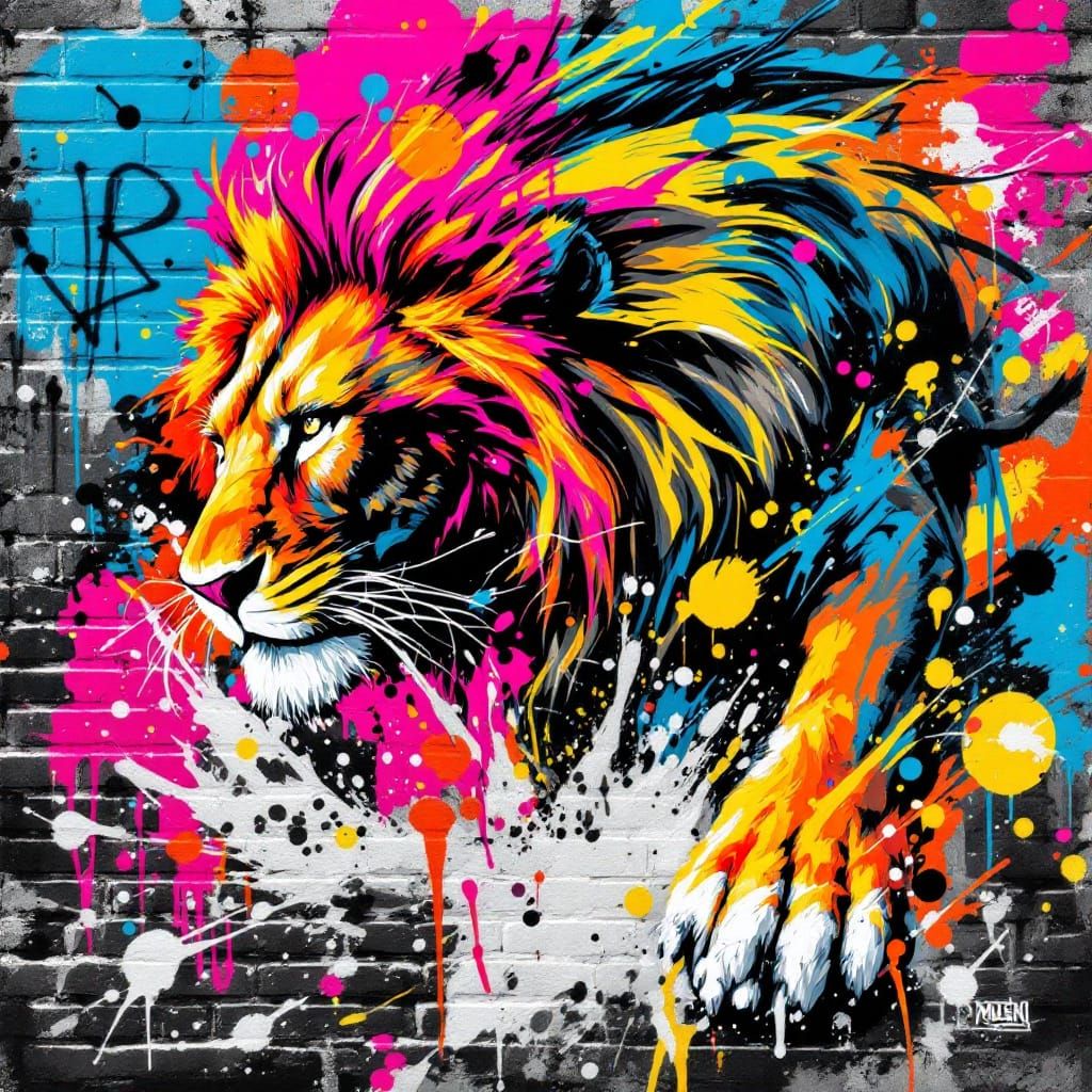 Majestic Lion in Vibrant Graffiti Style with Paint Splashes