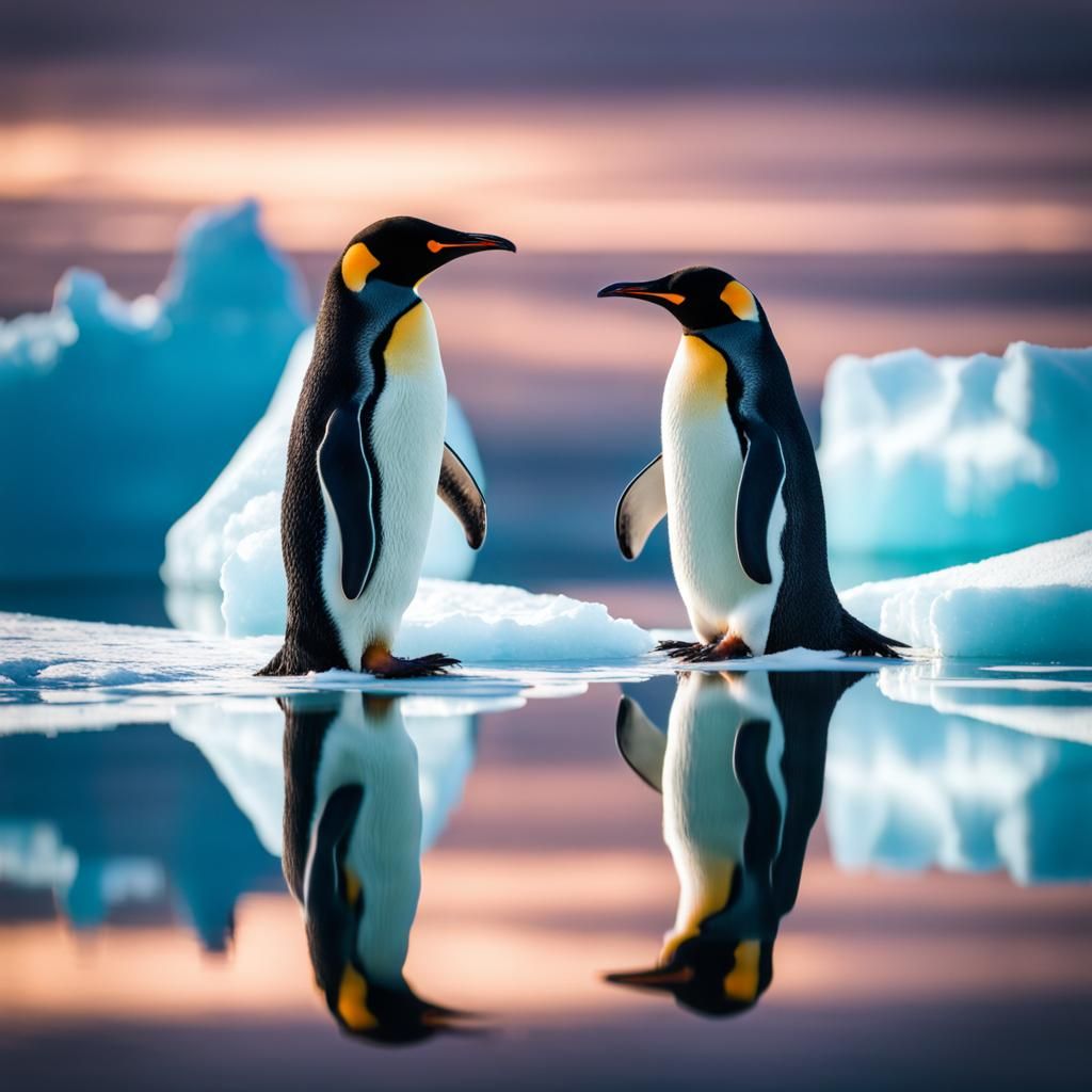 Two Penguins in Love Reflected in Water