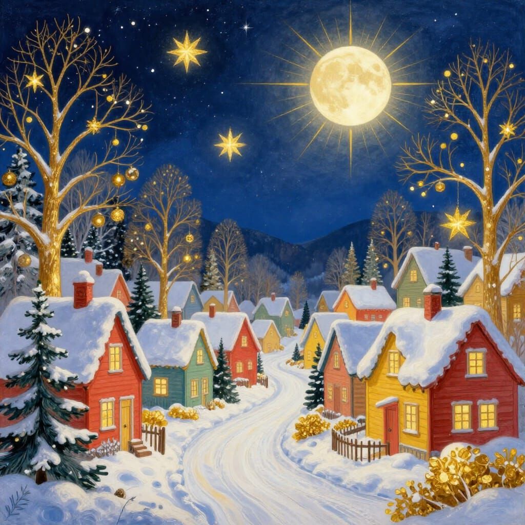 Whimsical Winter Village Under Starry Night Sky