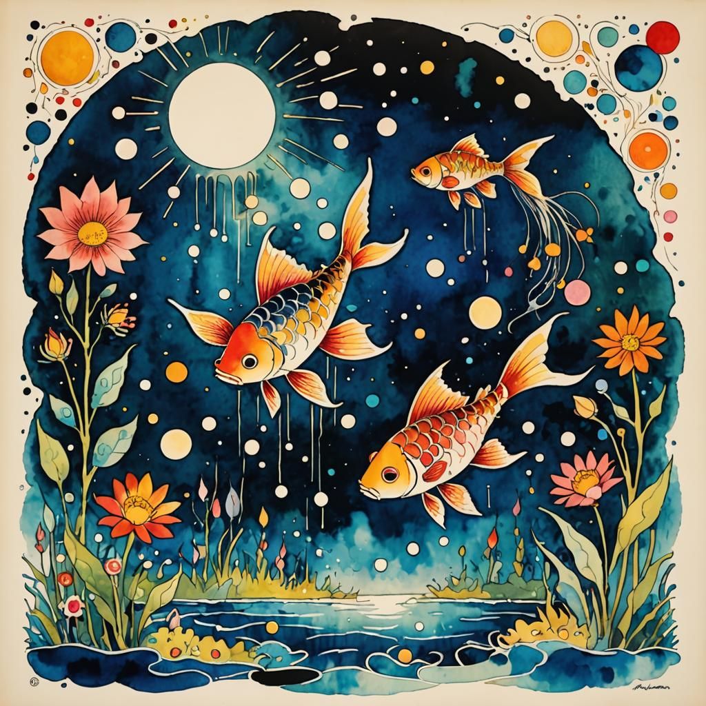 Fairytale Scene with Flying Fish and Flowers