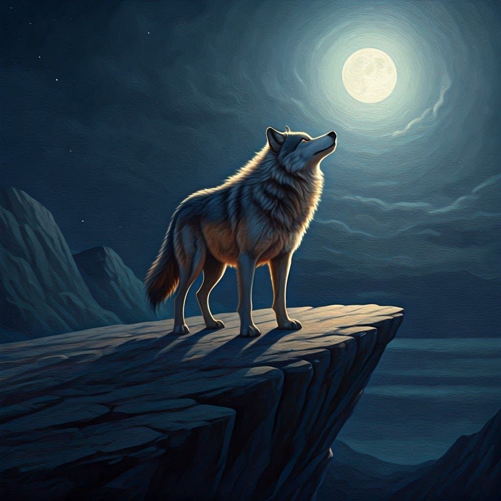 Wolf Howling at Moon, Romanticism Style Painting