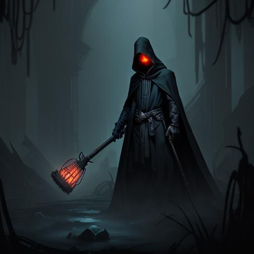 Hooded Figure with Cage in Dark Fantasy Art