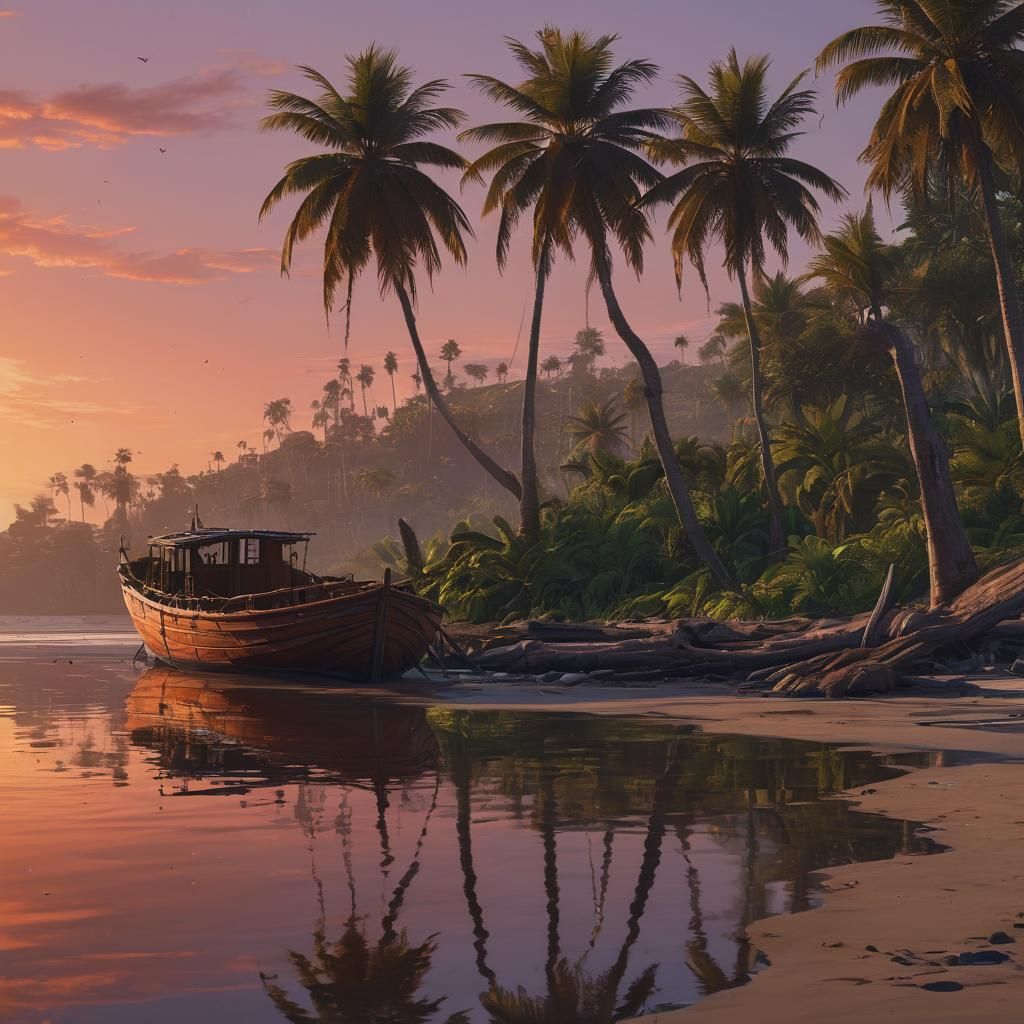 Sunset Beach Boat in Detailed Matte Painting Style