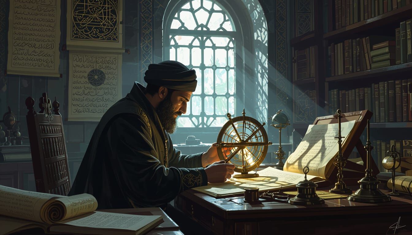 Inventor Studies Ancient Astrolabe in Dimly Lit Study