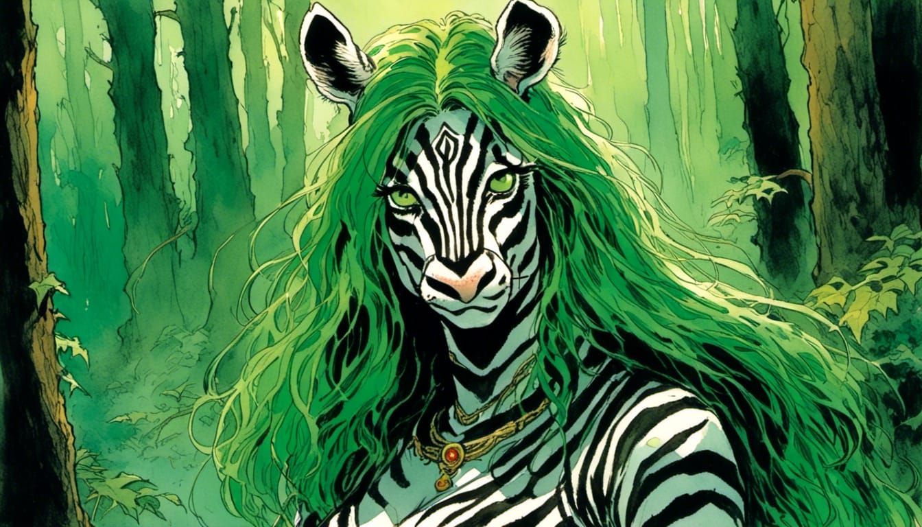 Zebra Striped Princess with Jade Hair in Comic Style