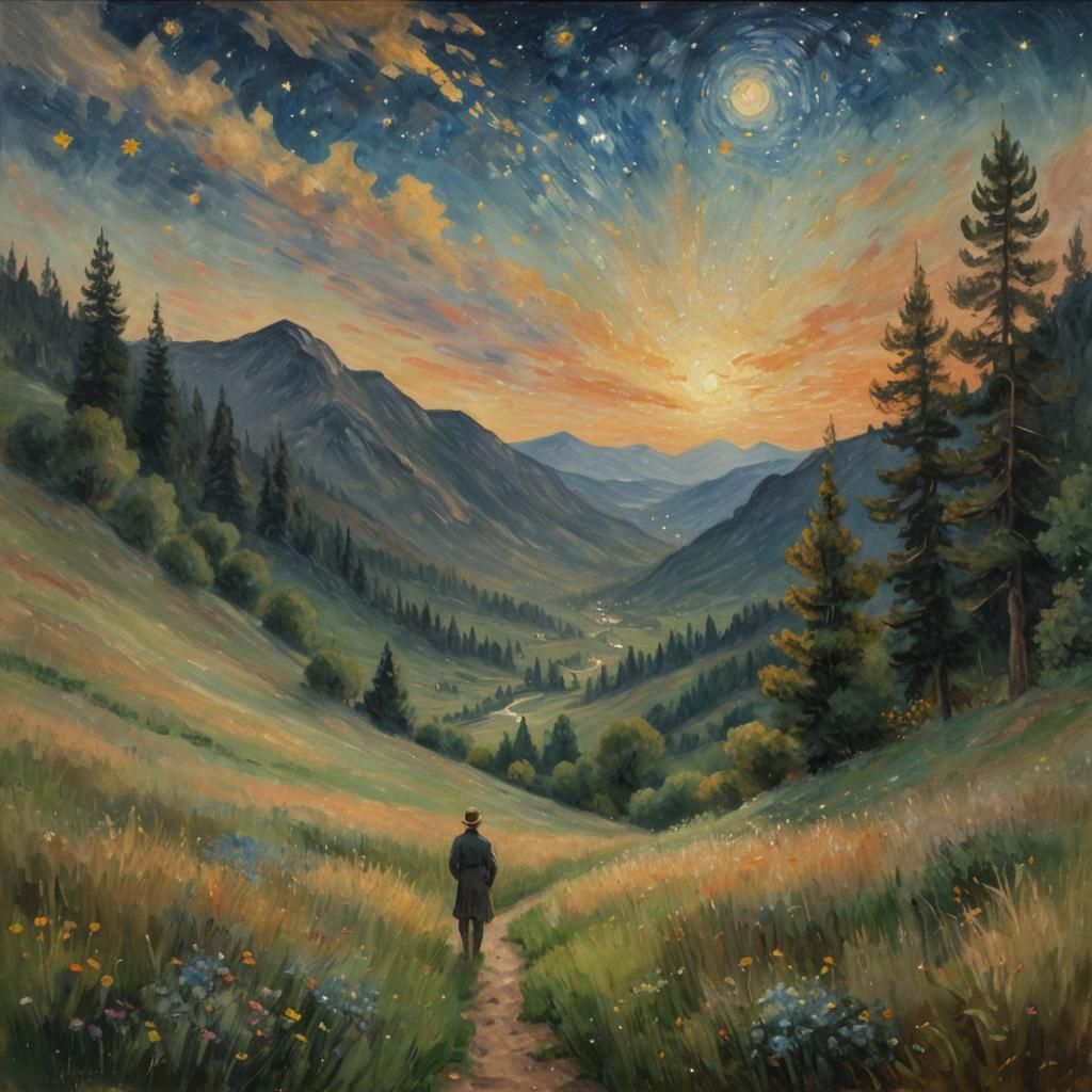 Impressionistic Mountain Meadow Under Starry Night