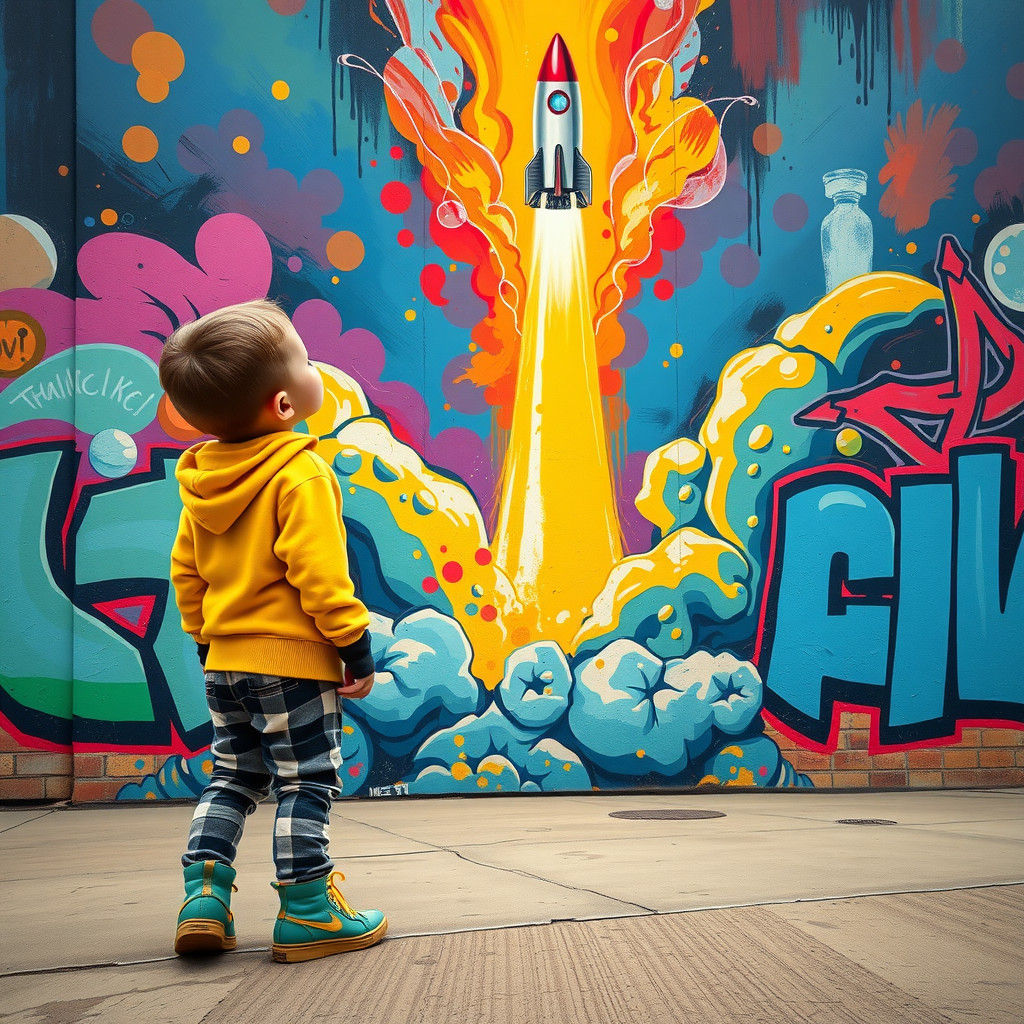 Child Gazing at Graffiti Rocket Launch in Street Art