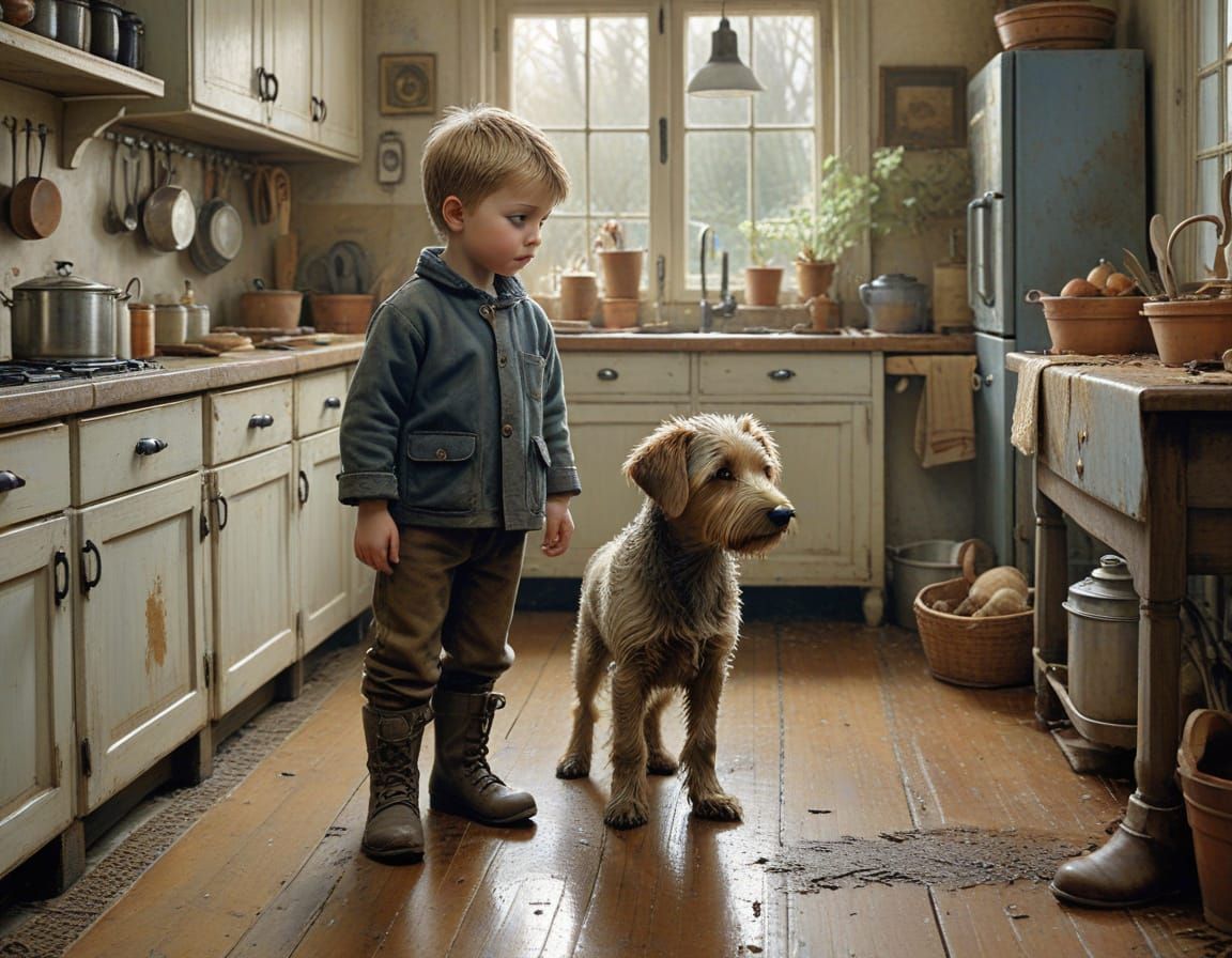 Toddler Boy and Cute Dog in the Kitchen, Intricately Detaile...